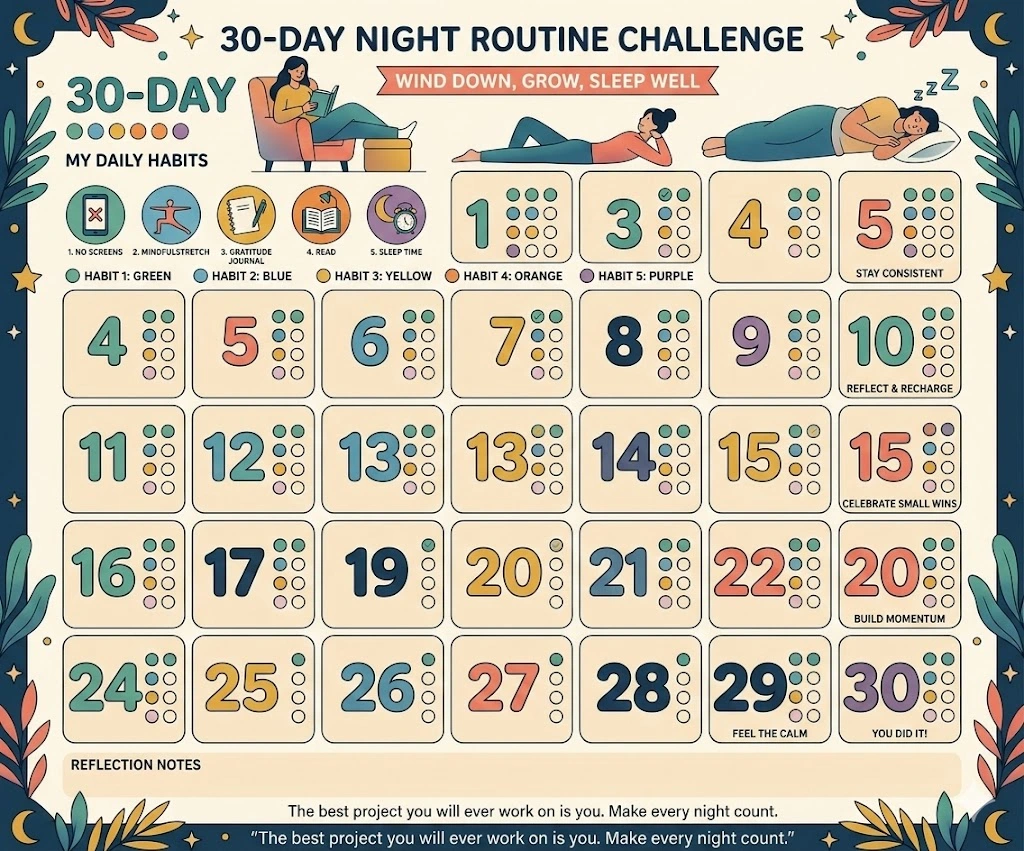 30-day night routine challenge calendar for habit tracking