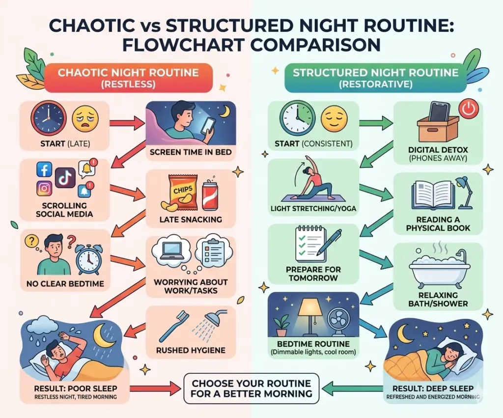 Flowchart comparing chaotic night routine with structured night routine