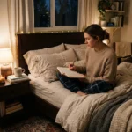 Person following night routine journaling in a cozy bedroom