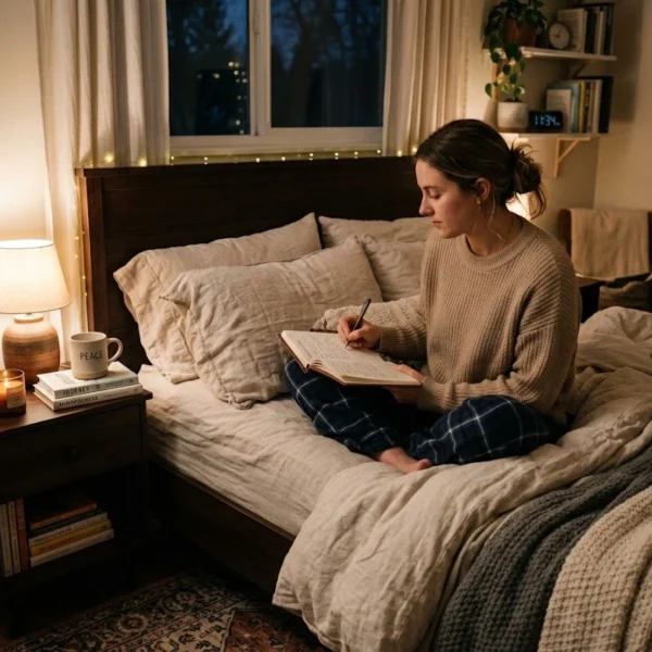 Person following night routine journaling in a cozy bedroom