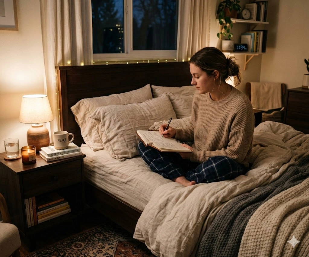 Person following night routine journaling in a cozy bedroom
