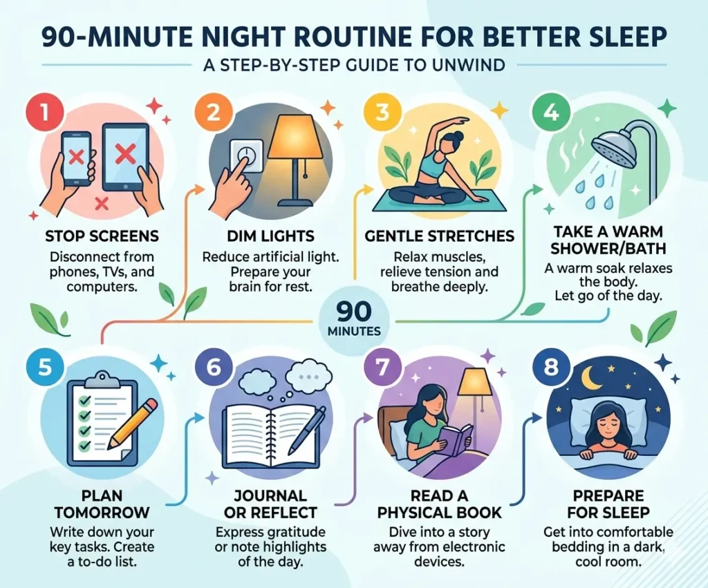 Infographic of step-by-step night routine for better sleep and productivity