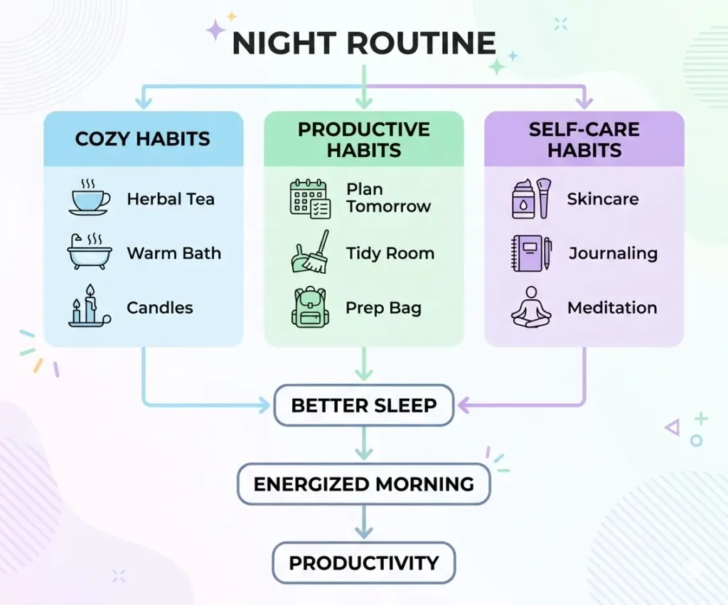 Flowchart showing cozy, productive, and self-care habits in a night routine leading to better sleep and productive morning