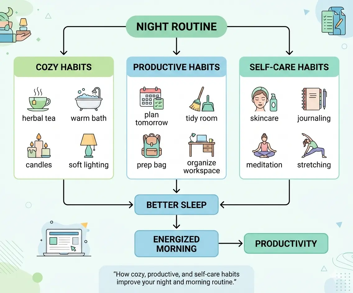 Night routine flowchart showing cozy, productive, and self-care activities
