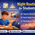 Illustration showing a night routine for students including planning the next day, relaxing with tea, and going to sleep to improve study focus and sleep quality.