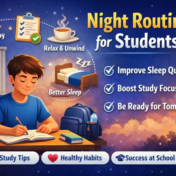 Illustration showing a night routine for students including planning the next day, relaxing with tea, and going to sleep to improve study focus and sleep quality.