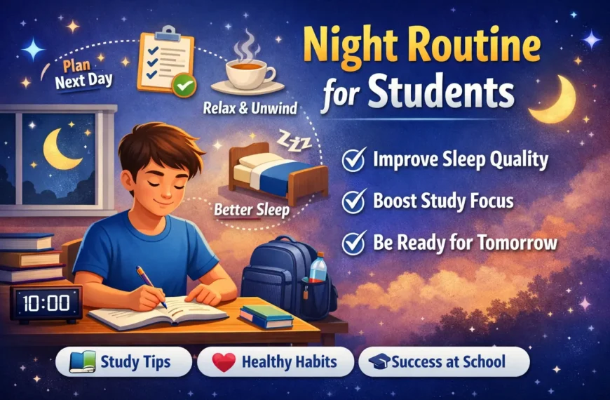 Illustration showing a night routine for students including planning the next day, relaxing with tea, and going to sleep to improve study focus and sleep quality.