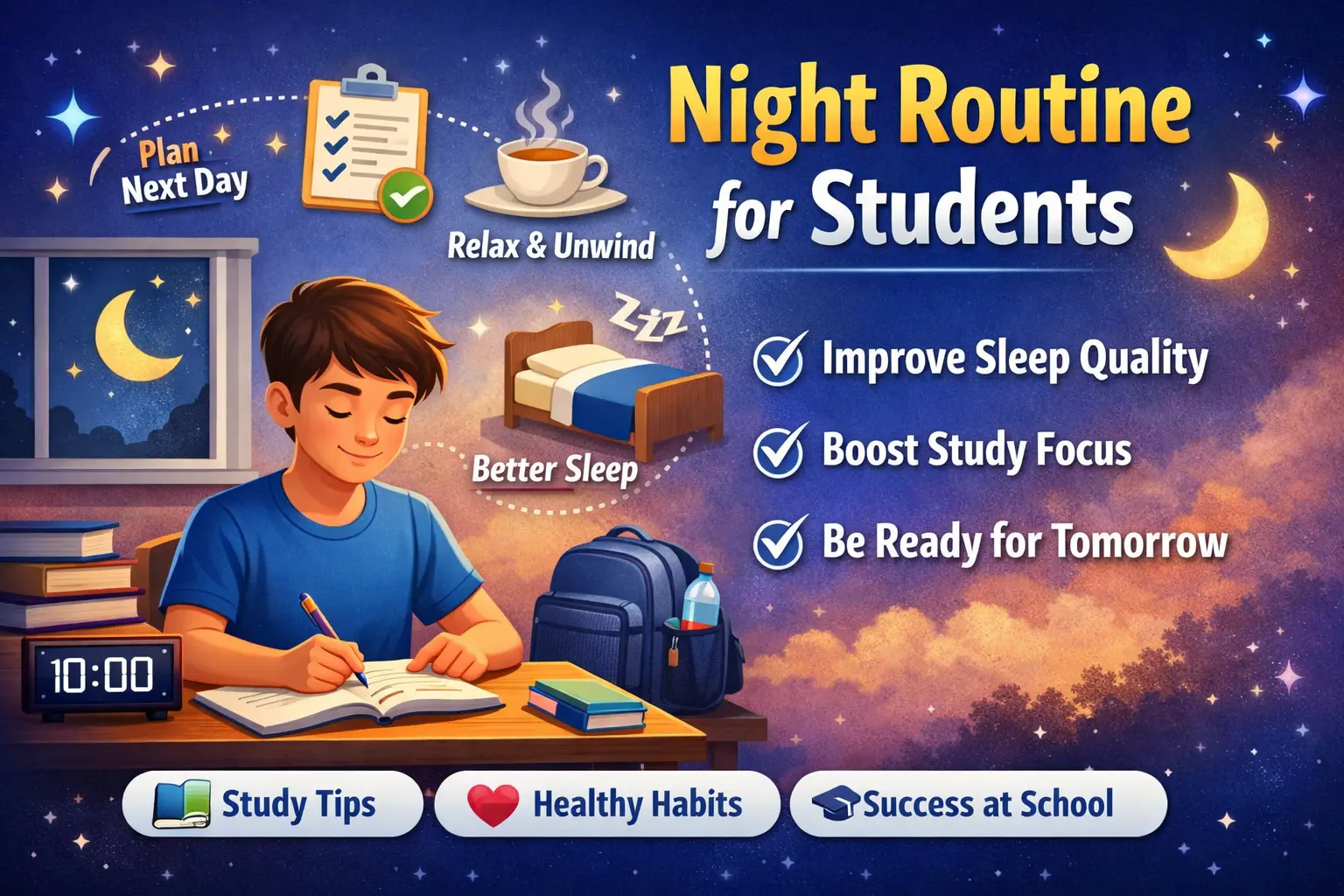 Illustration showing a night routine for students including planning the next day, relaxing with tea, and going to sleep to improve study focus and sleep quality.