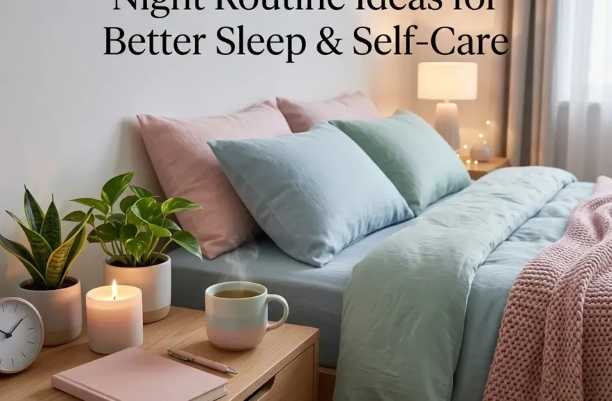 Featured image for night routine ideas showing cozy self-care and productive evening habits