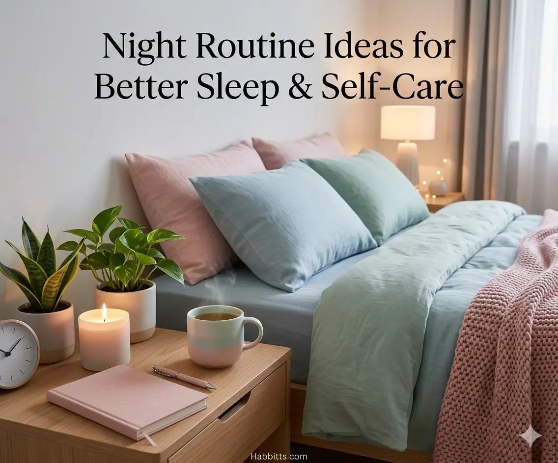 Featured image for night routine ideas showing cozy self-care and productive evening habits