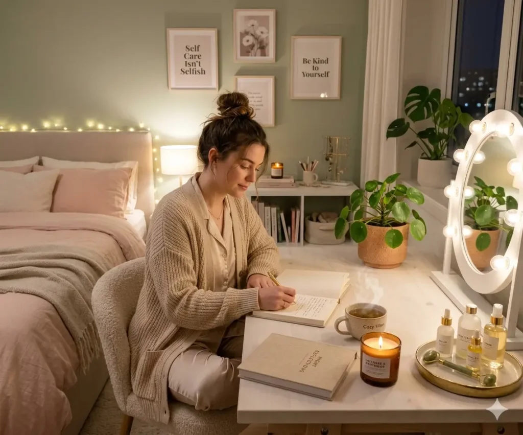 Aesthetic “That Girl” night routine scene with journaling, skincare, and relaxing tea for self-care